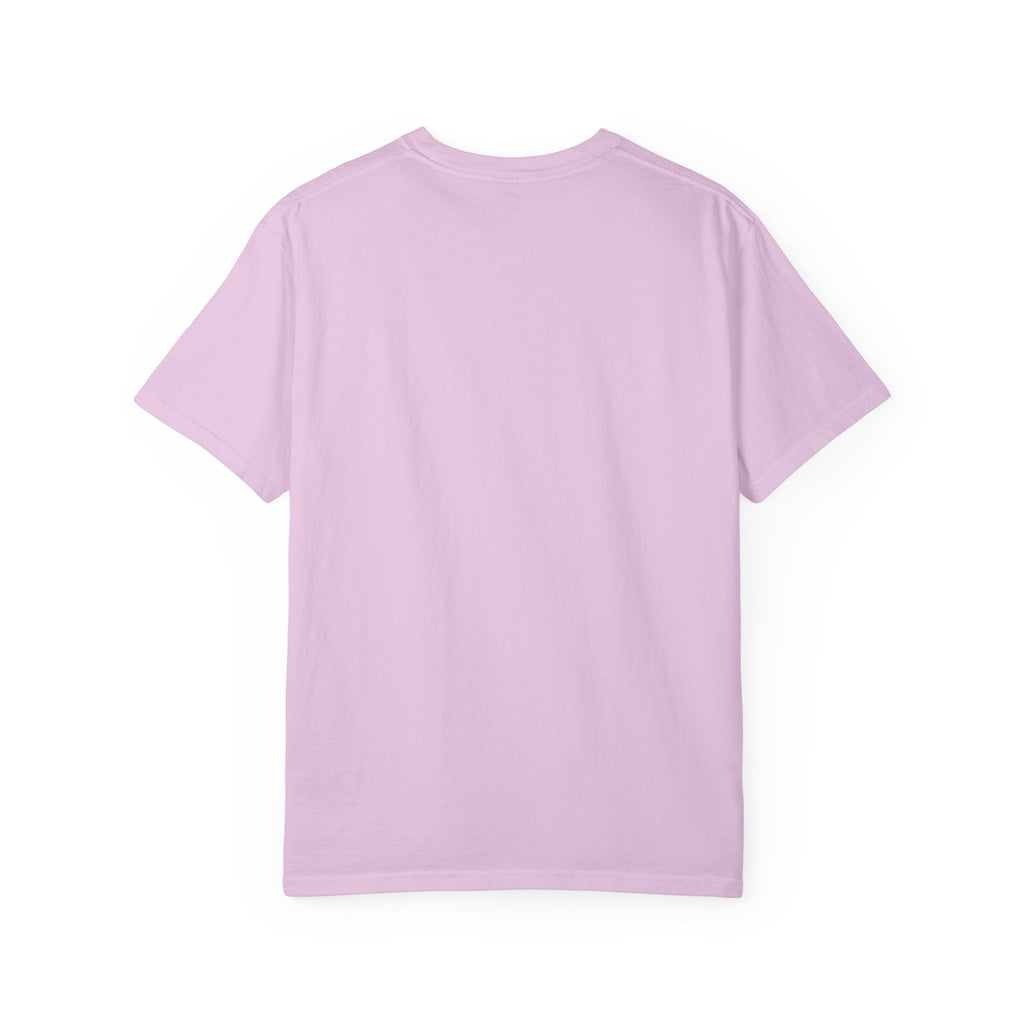 Angel & Devil Heart Graphic T-Shirt — Blue Metallic Script Design