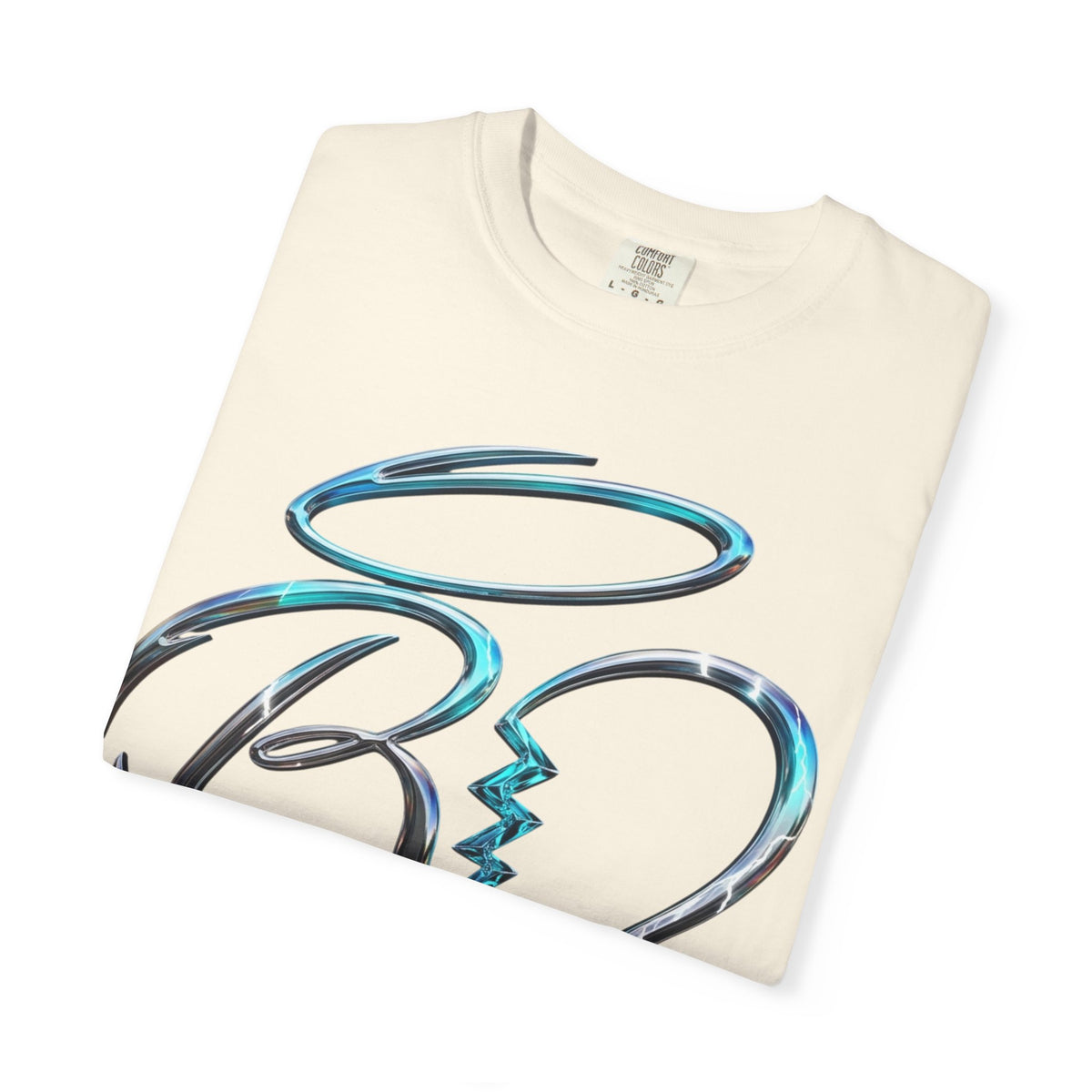 Angel & Devil Heart Graphic T-Shirt — Blue Metallic Script Design