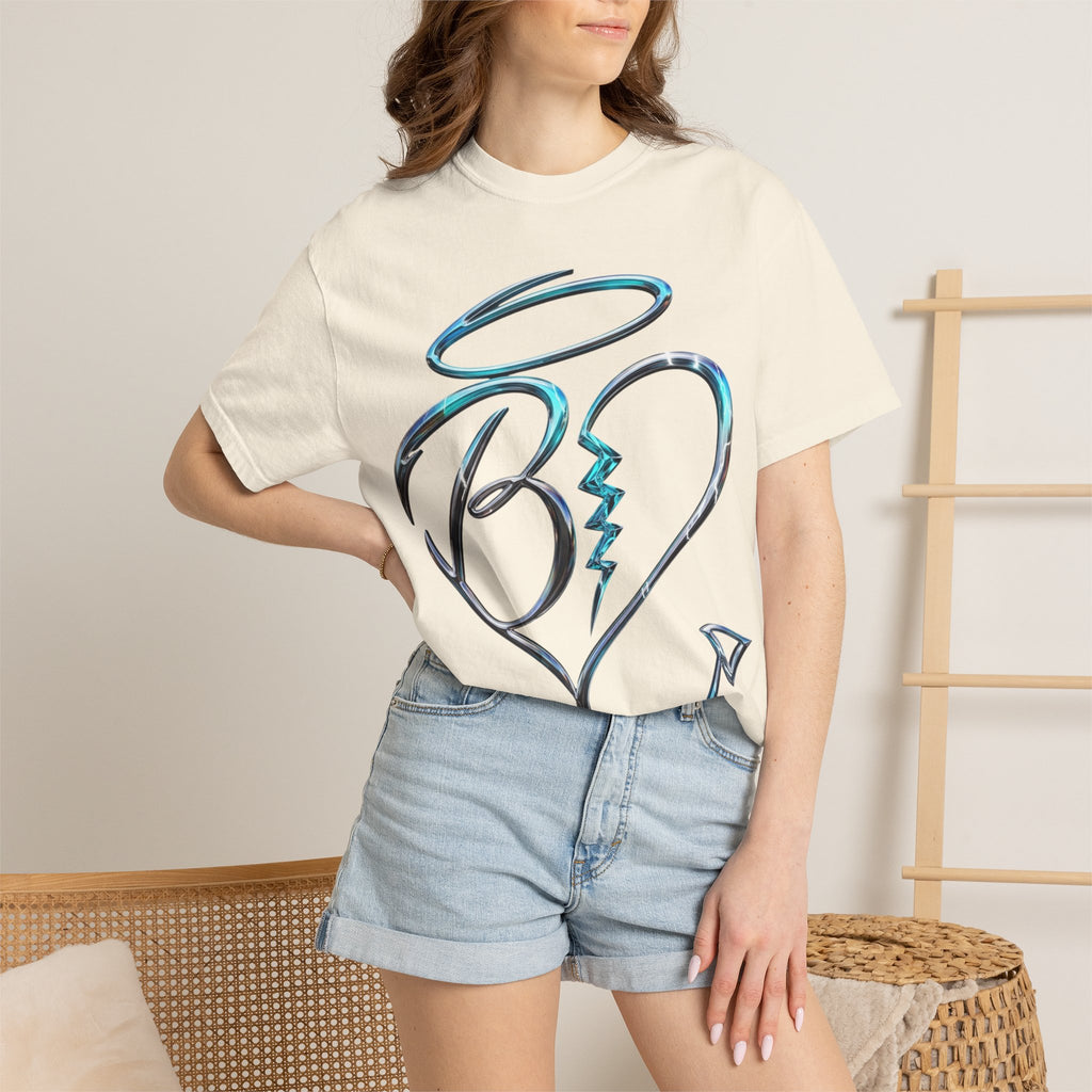 Angel & Devil Heart Graphic T-Shirt — Blue Metallic Script Design