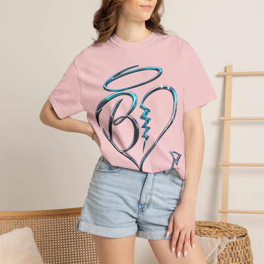 Angel & Devil Heart Graphic T-Shirt — Blue Metallic Script Design
