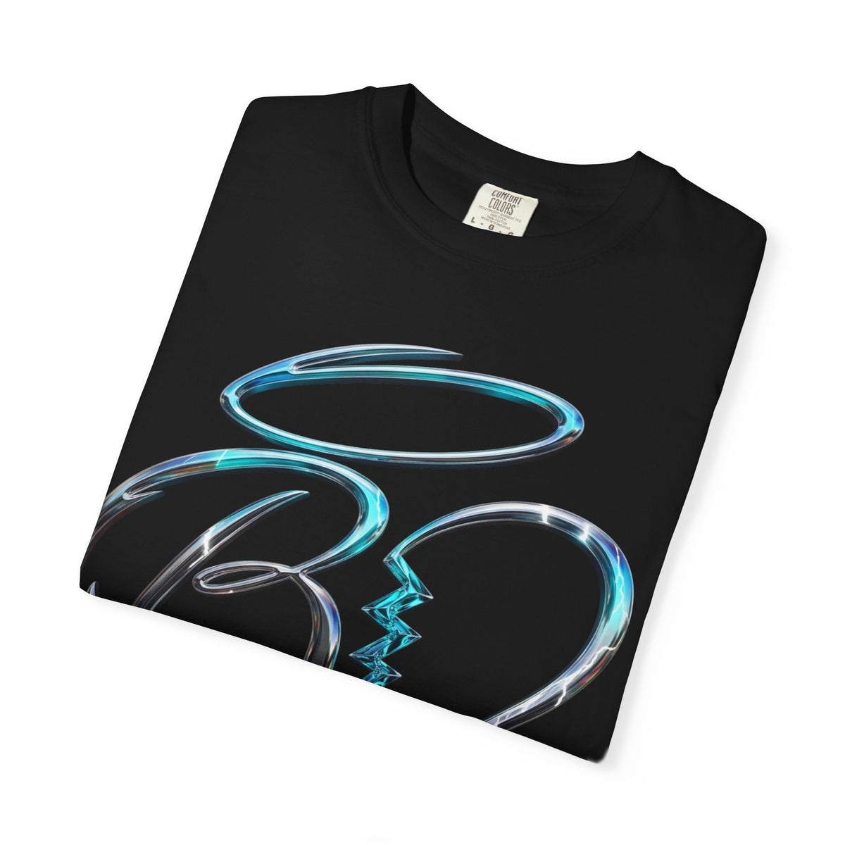 Angel & Devil Heart Graphic T-Shirt — Blue Metallic Script Design