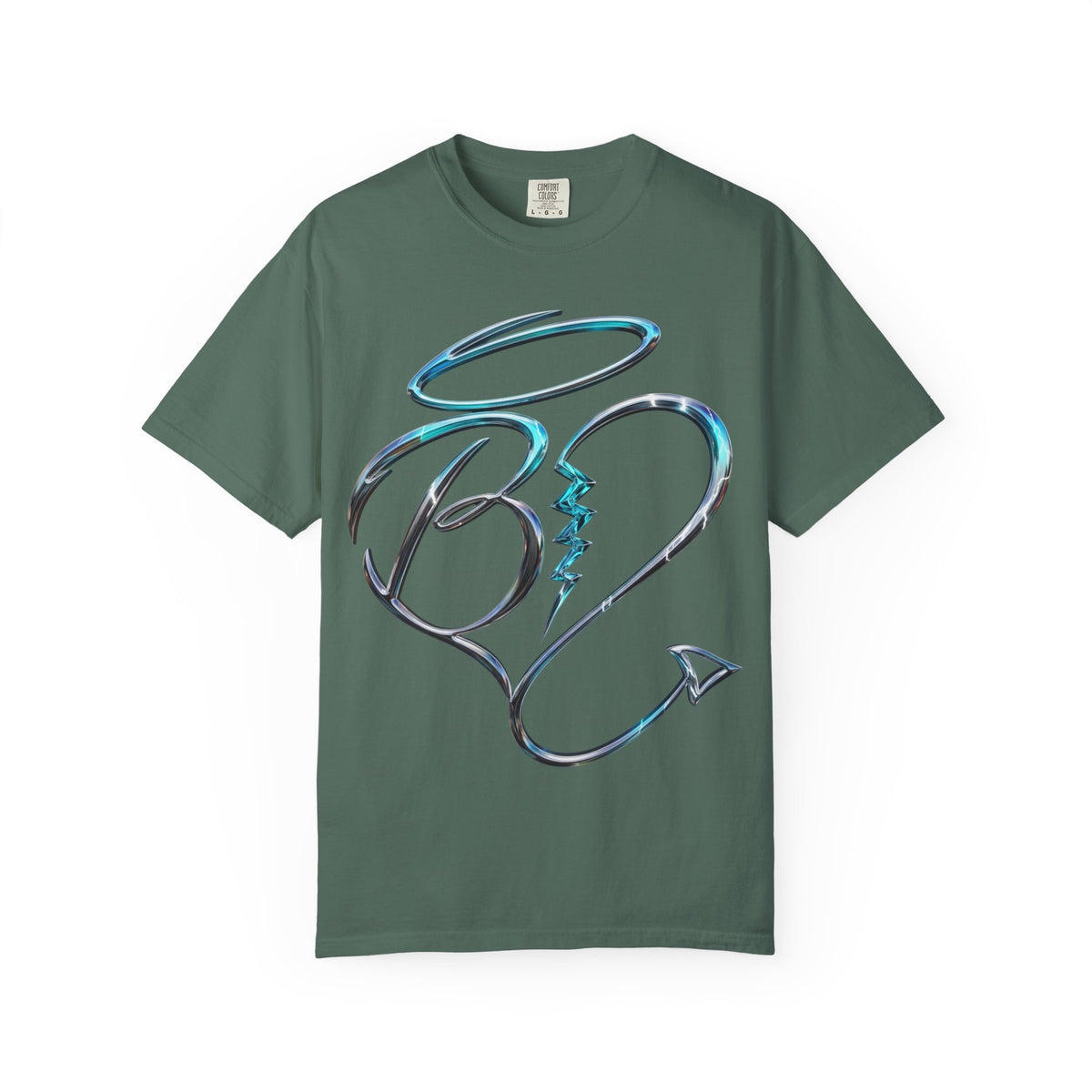 Angel & Devil Heart Graphic T-Shirt — Blue Metallic Script Design