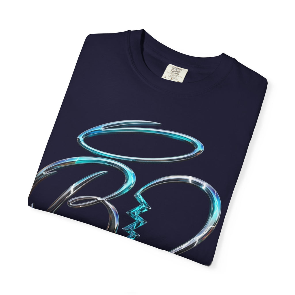 Angel & Devil Heart Graphic T-Shirt — Blue Metallic Script Design