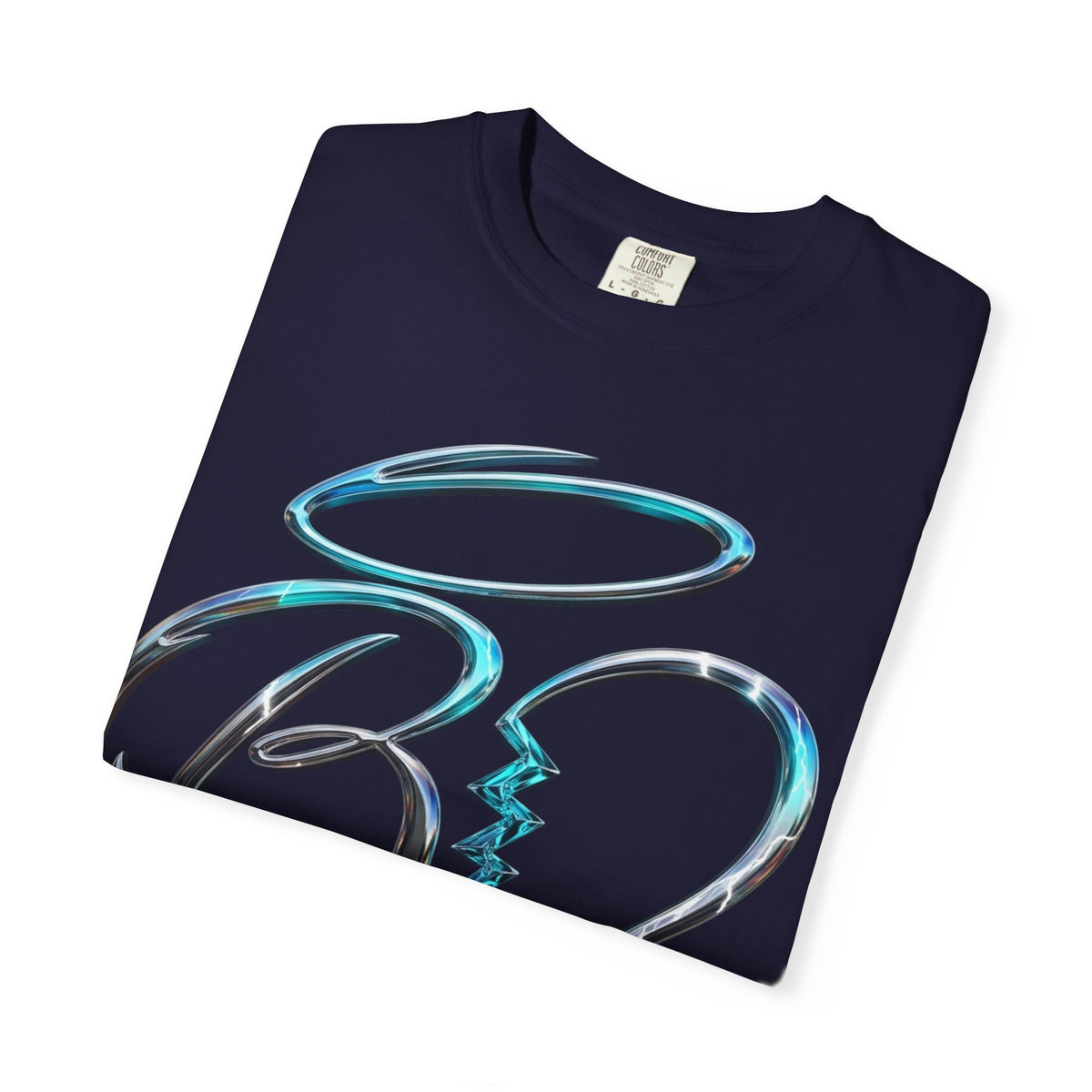 Angel & Devil Heart Graphic T-Shirt — Blue Metallic Script Design